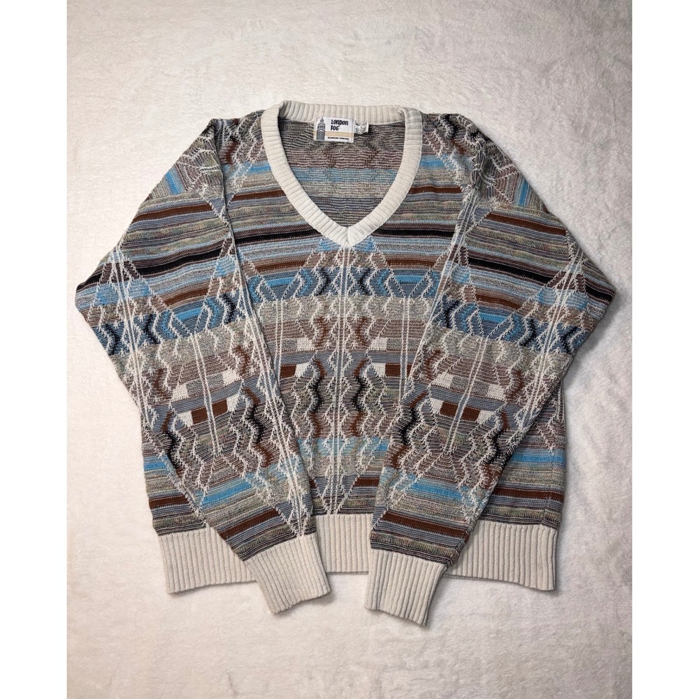 London Fog Vintage Mens Large V-Neck Geometric Knit Sweater Multi-Color USA Made